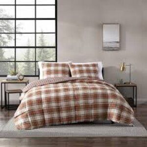 Eddie Bauer Plaid Flannel Duvet Cover Cotton Tan/Red/Green Cabin King Size